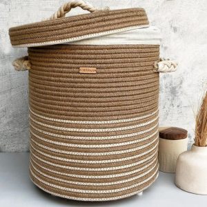 nobbys jute cotton striped laundry basket with lid (14 d x 18 h) 45 litres,multicolour